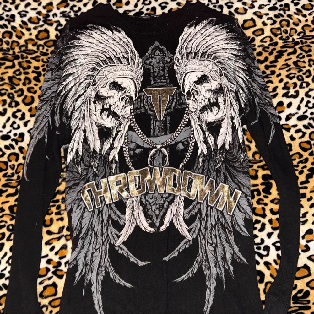 Y2k Affliction Style Gothic Skull Angel Wings ThrowDown Ribbed Thermal Shirt
